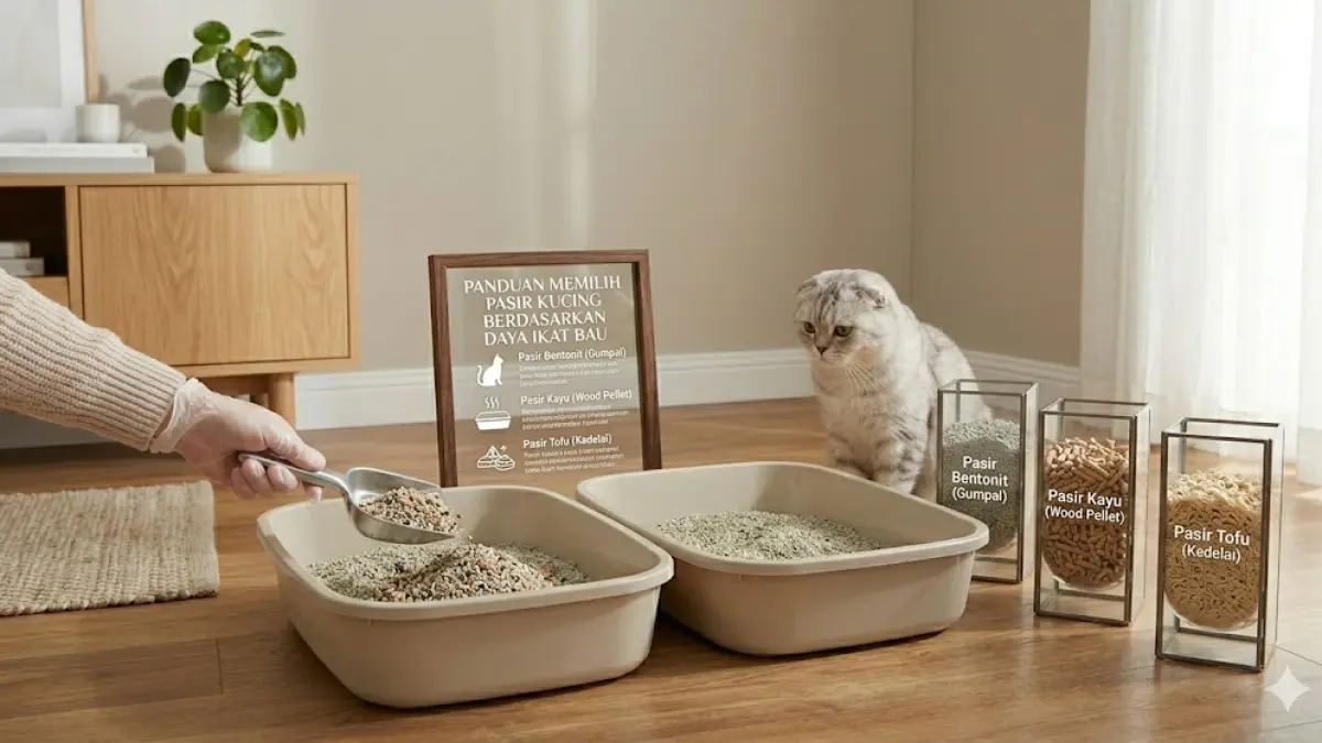 Gunakan pasir kucing terbuat dari bentonite, pasir kayu, atau pasir tofu untuk mengikat bau, ramah lingkungan, dan tidak menimbulkan debu.  