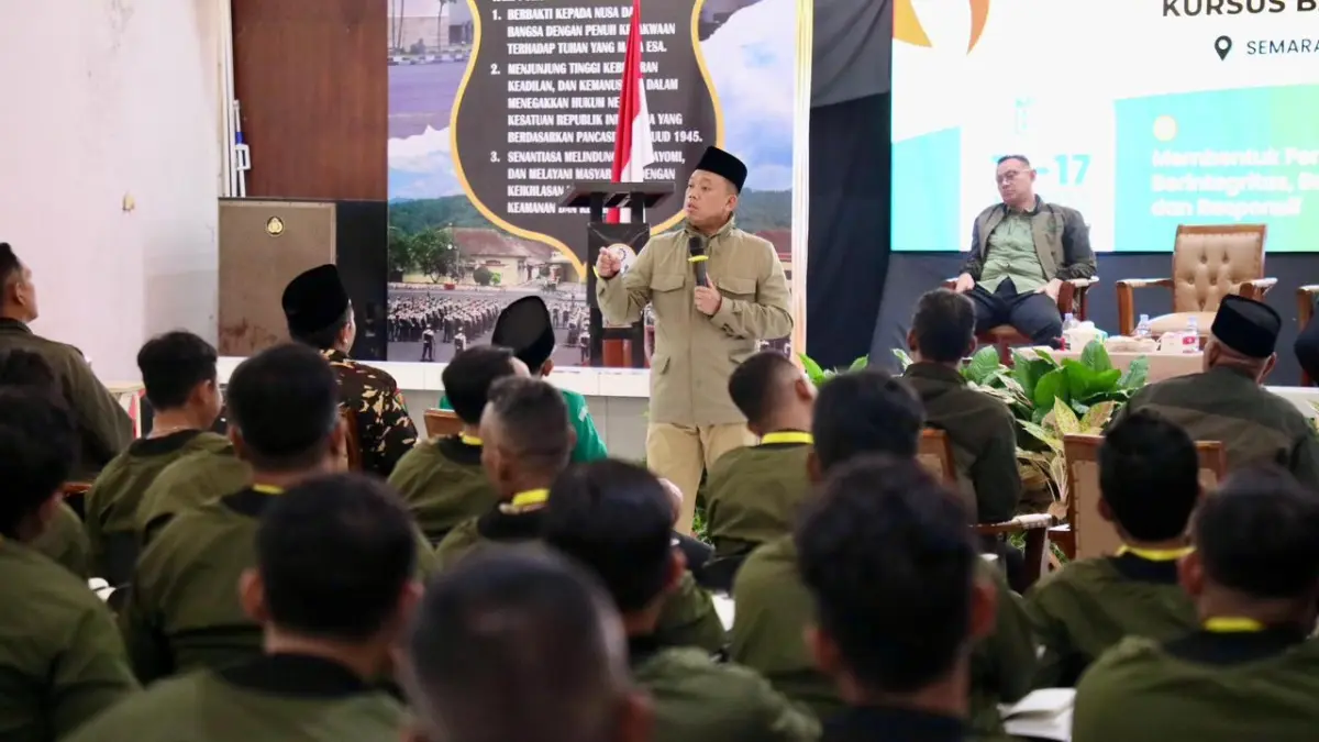 Menteri ATR/BPN Nusron Wahid menjadi pembicara dalam Kursus Banser Pimpinan (SUSBANPIM) Angkatan VIII di Kabupaten Semarang pada Kamis (14/05/2026).