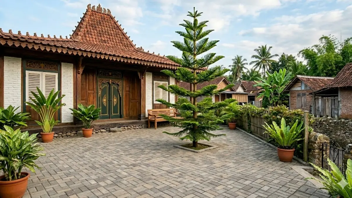 cemara norfork yang dijadikan focal point halaman rumah. 