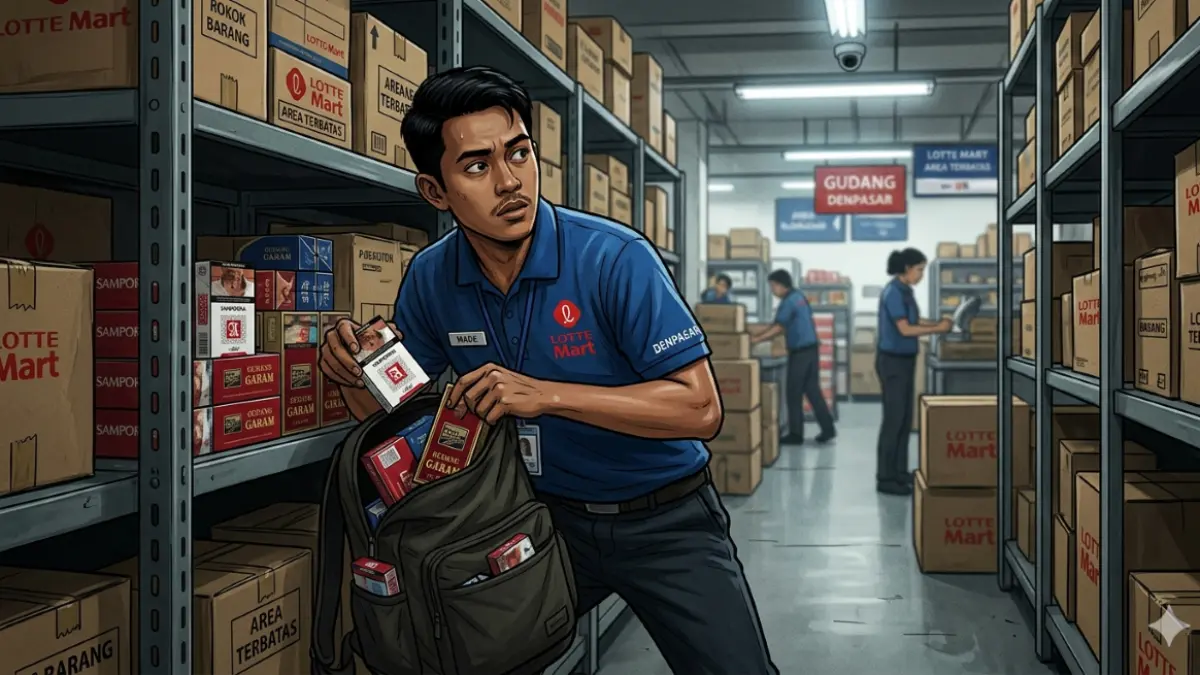 Ilustrasi pencurian rokok oleh pegawai Lotte Mart Denpasar. (AI Gemini/radarbali.id)