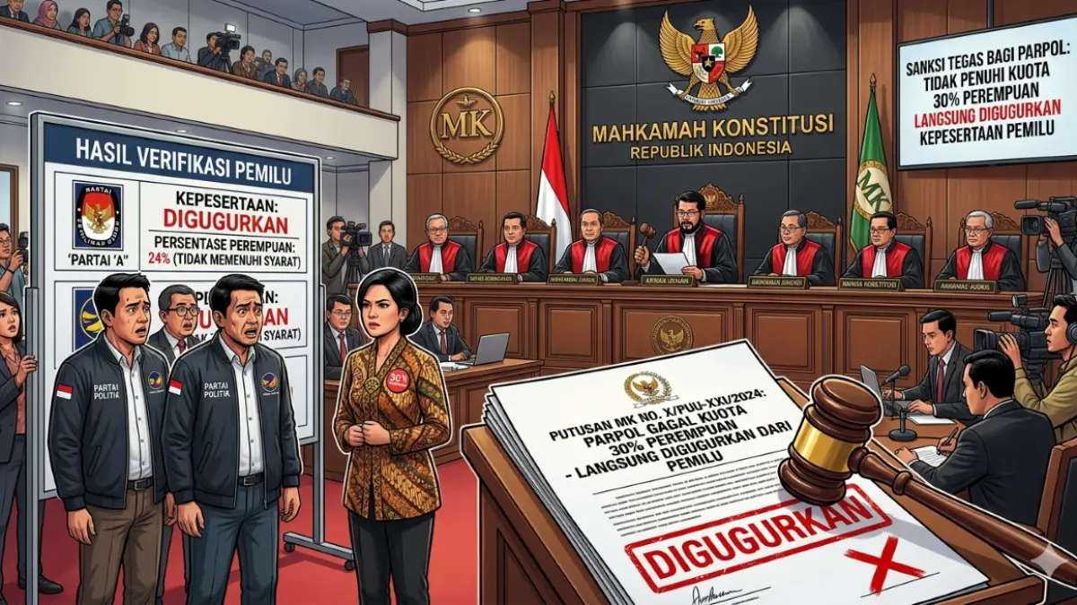 SANKSI TEGAS: Ilustrasi putusan Mahkamah Konstitusi (MK) bagi parpol yang tak penuhi kuota perempuan langsung digugurkan. (ILUSTRASI AI GEMINI/radarbali.id)