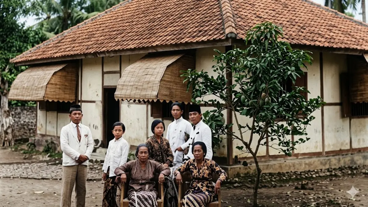 Soekarno (kanan) di rumah pembuangannya di Ende bersama Inggit Garnasih, Ibu Amsi (mertua), dan dua anak angkatnya Kartika dan Ratna Juami. Ketika menghuni rumah milik Haji Abdullah Ambuwaru di Desa Ambugaga, Kecamatan Kotaraja tersebut, Soekarno menggubah sendi-sendi negara yang belakangan disempurnakan oleh BPUPKI menjadi Pancasila. 

