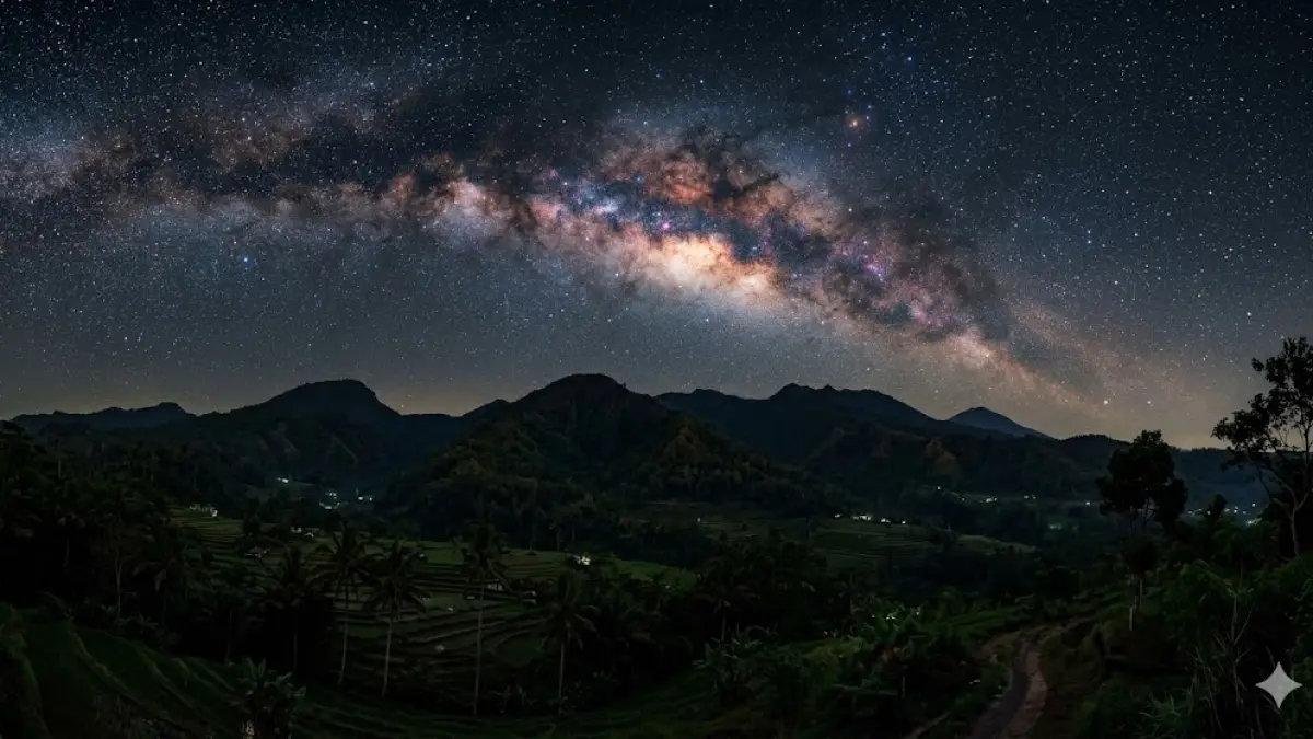 Galaksi bima sakti di atas perbukitan Munduk, Buleleng, saat bulan mati (tilem). 