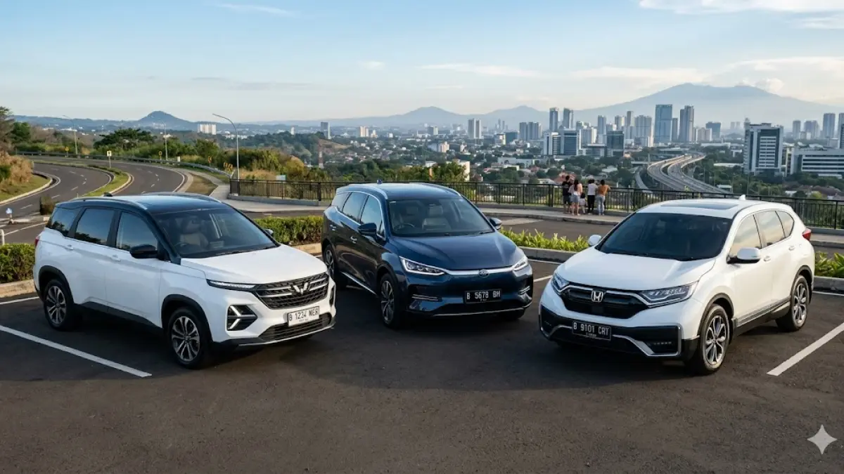 Dari kiri, Wuling Eksion, BYD M6, dan CRV I,5 L Turbo.