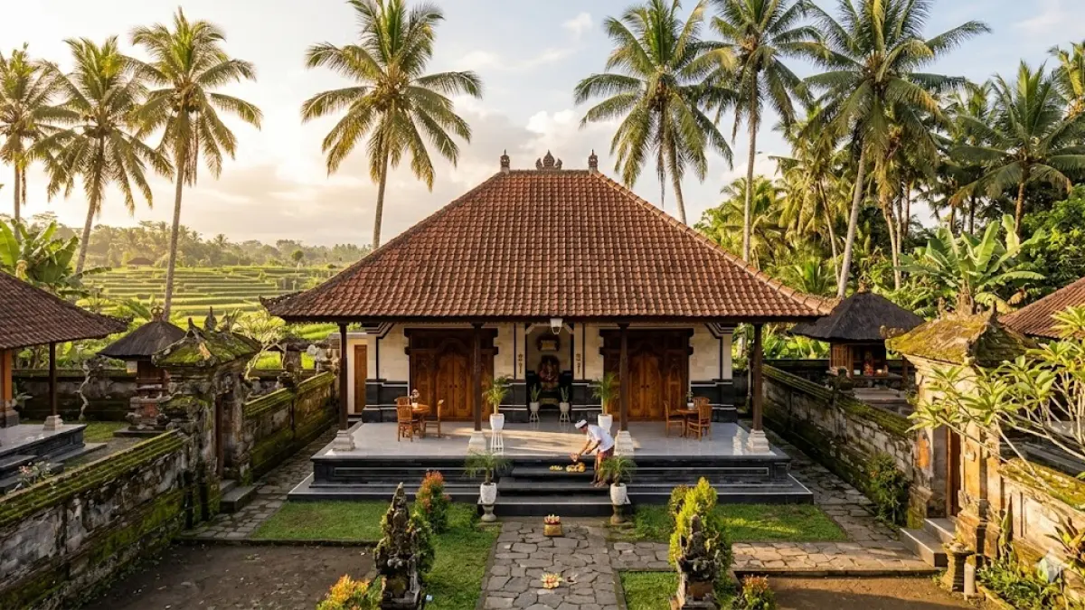 ilustrasi - Rumah adat Bali yang menganut konsep Tri Hita Karana. 