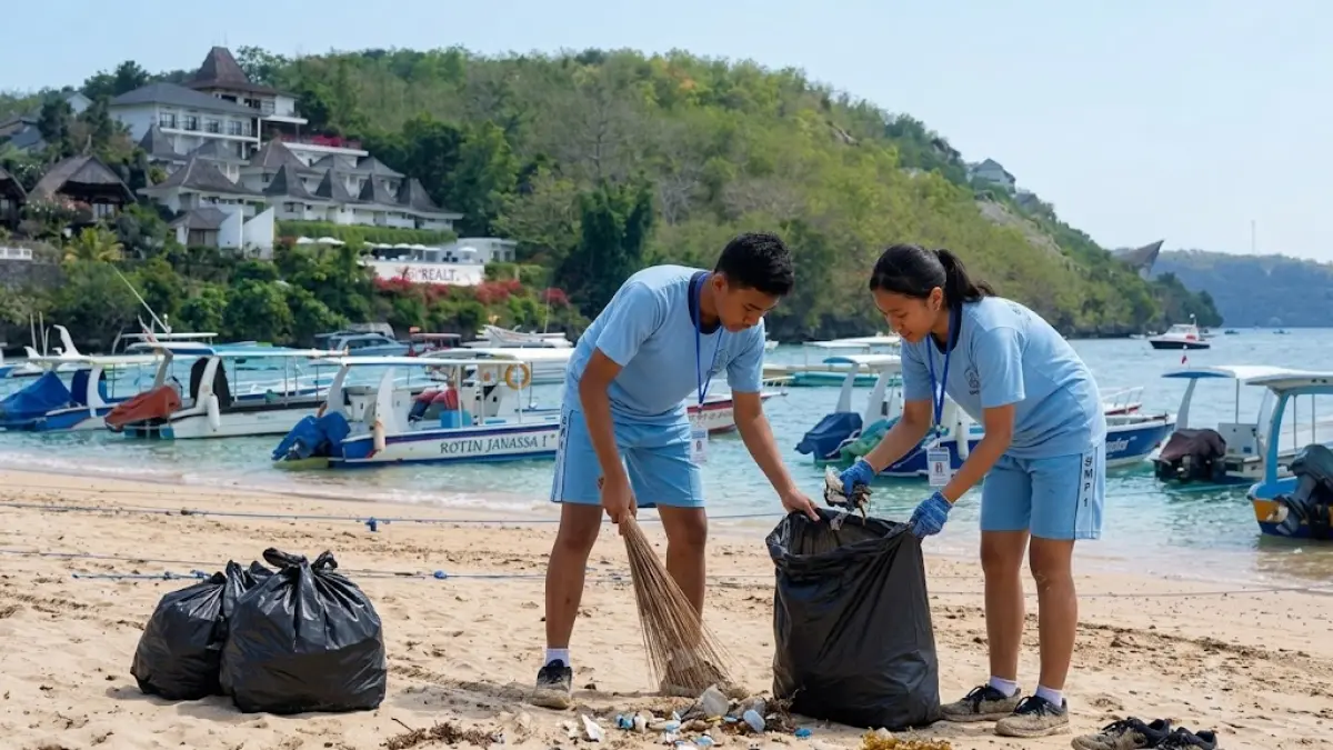 Siswa sedang membersihkan sampah di Pantai Sampalan, Nusa Penida. 