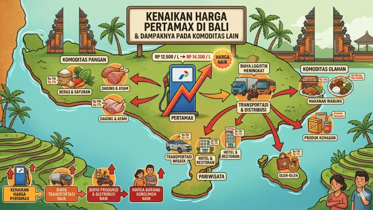 BERDAMPAK LUAS: Ilustrasi dampak kenaikan harga BBM jenis Pertamax yang memicu kenaikan harga komoditas lain. (ILUSTRASI Gemini/radarbali.id)