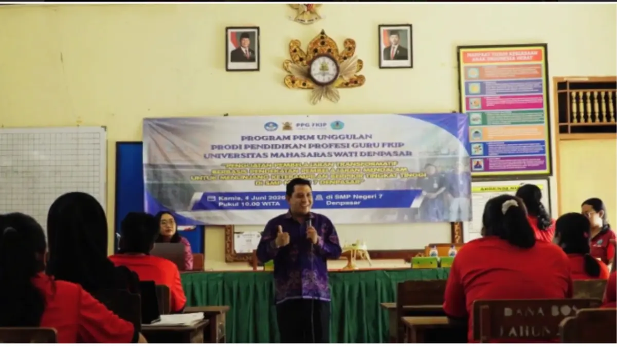 Suasana PkM PPG FKIP Unmas Denpasar berupa Workshop Penyusunan Tujuan Pembelajaran Berbasis Higher Order Thinking Skills (HOTS) di SMP Negeri 7 Denpasar.&nbsp;