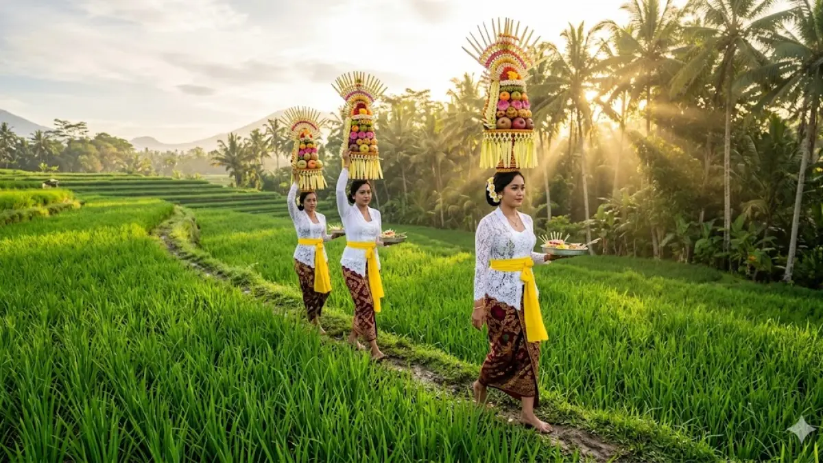 Ilustrasi - Perempuan Bali mengusung gebogan menuju pura. 