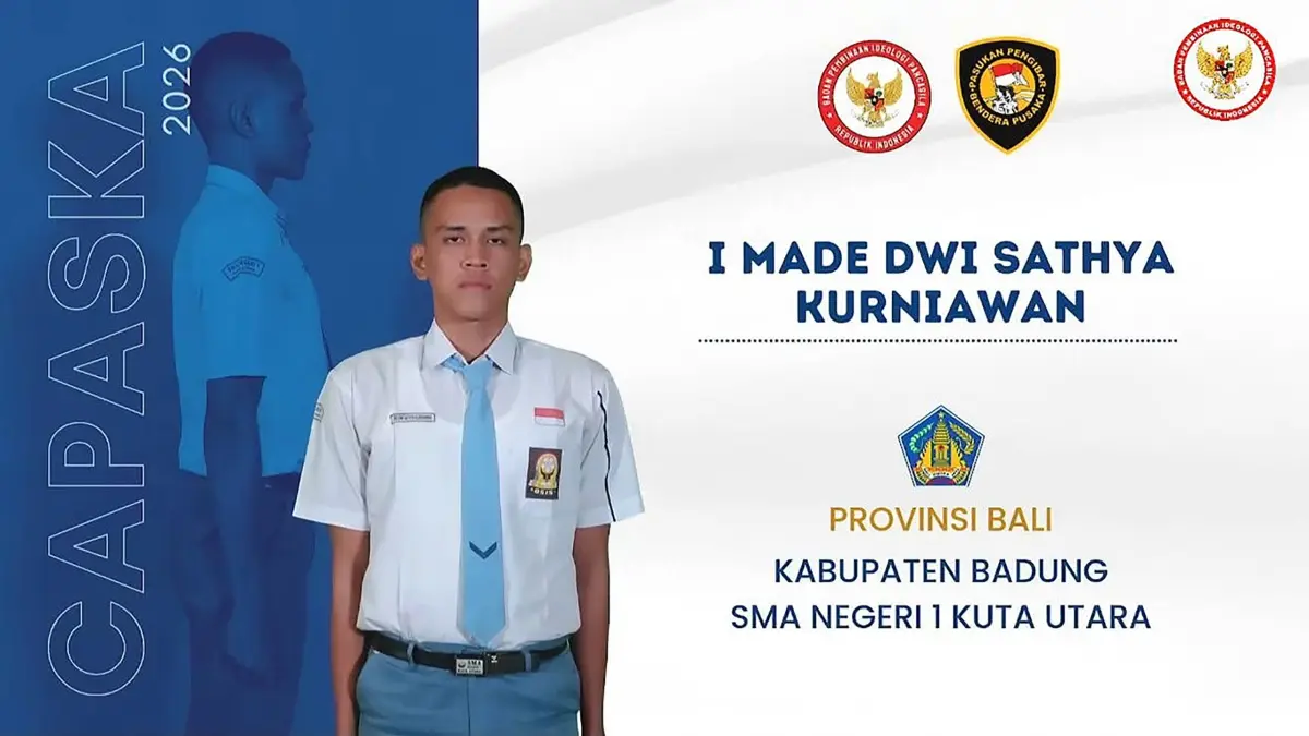I Made Dwi Sathya Kurniawan, siswa SMAN 1 Kuta Utara, berhasil terpilih sebagai anggota Pasukan Pengibar Bendera Pusaka (Paskibraka) Tingkat Pusat Tahun 2026 setelah melalui rangkaian seleksi berjenjang yang ketat hingga tingkat nasional.
