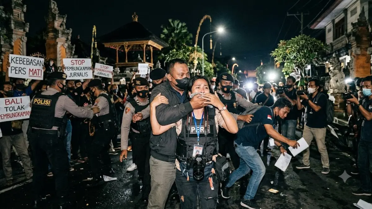 Ilustrasi pelarangan liputan demonstrasi di Bali tahun 2025 lalu. Direktorat Reserse Kriminal Khusus (Ditreskrimsus) Polda Bali resmi menaikkan status penanganan kasus kekerasan terhadap jurnalis detikBali, Fabiola Dianira, ke tahap penyidikan