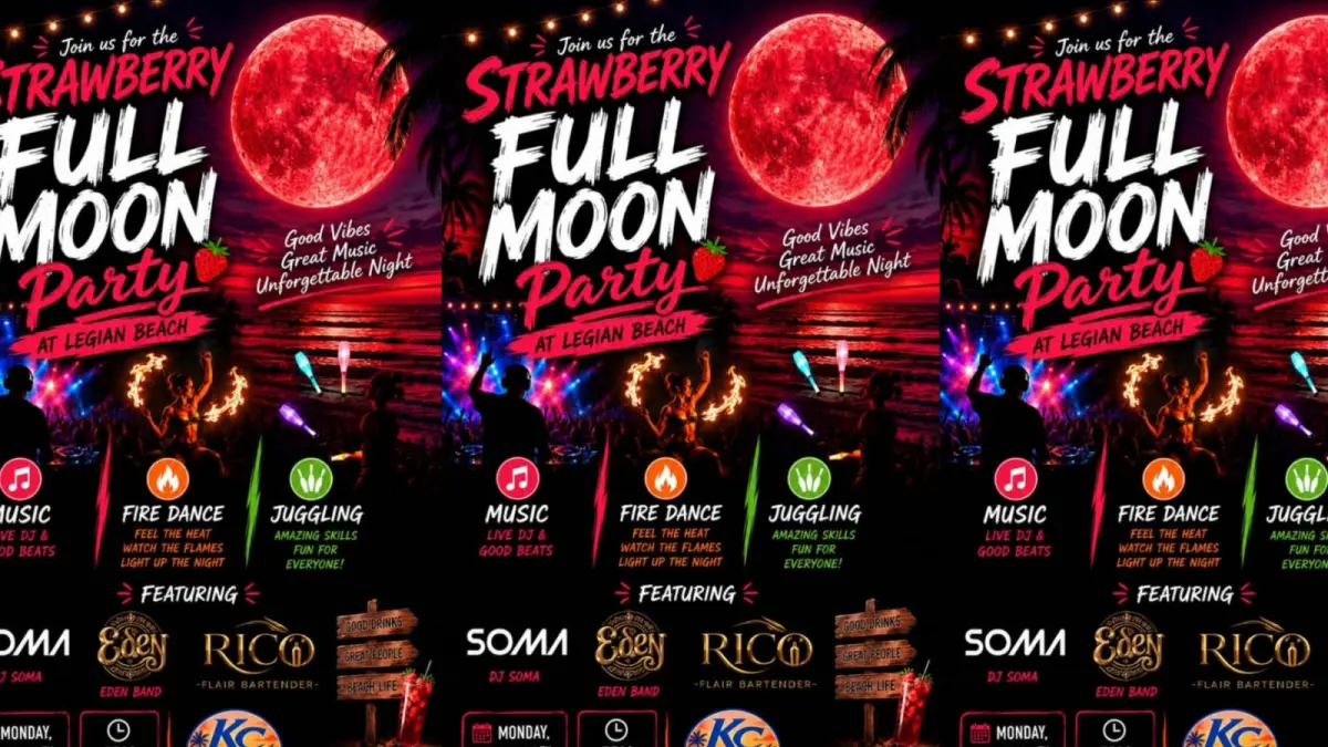 SIAP MENGGUNCANG: Poster Strawberry Full Moon Party Legian Beach 2026 yang akan digelar di kawasan , Pantai Legian pada 29 Juni 2026. (ist/radarbali.id)