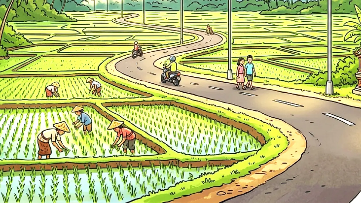 Ilustrasi petani Bali menggarap lahan di sawah. (gambar digital gemini/radar bali)