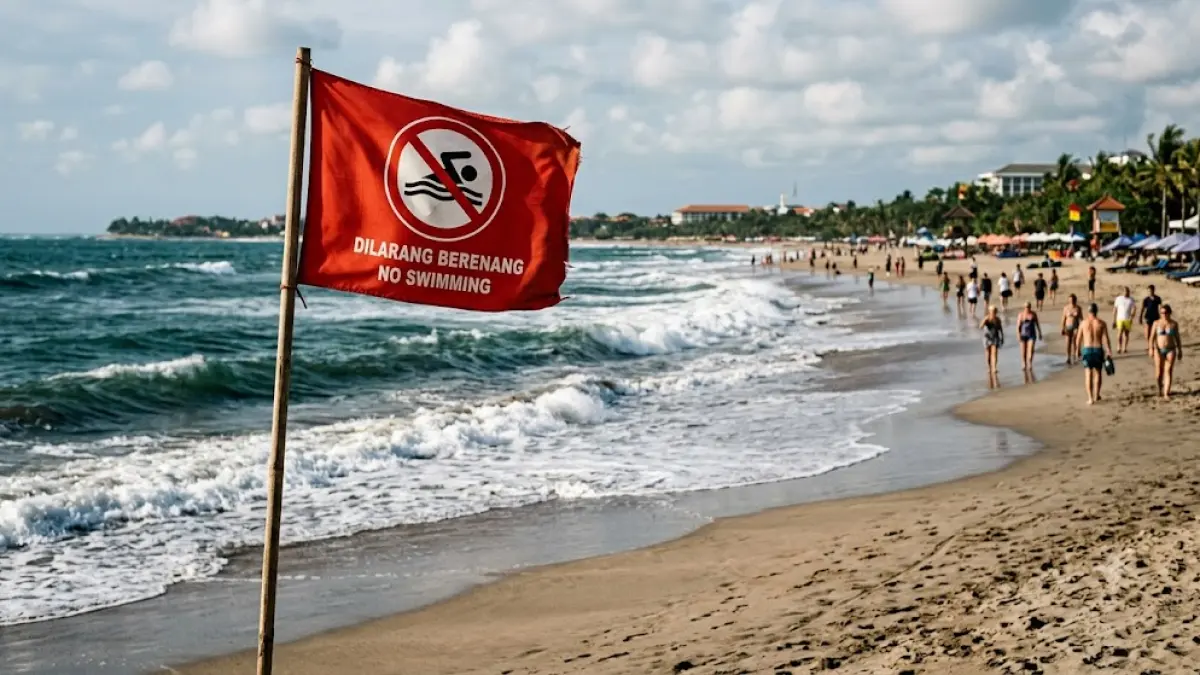 ilustrasi - bendera larangan berenang di Pantai Kuta. BMKG memperingatkan potensi gelombang hingga 4 meter di sejumlah wilayah pesisir Bali.