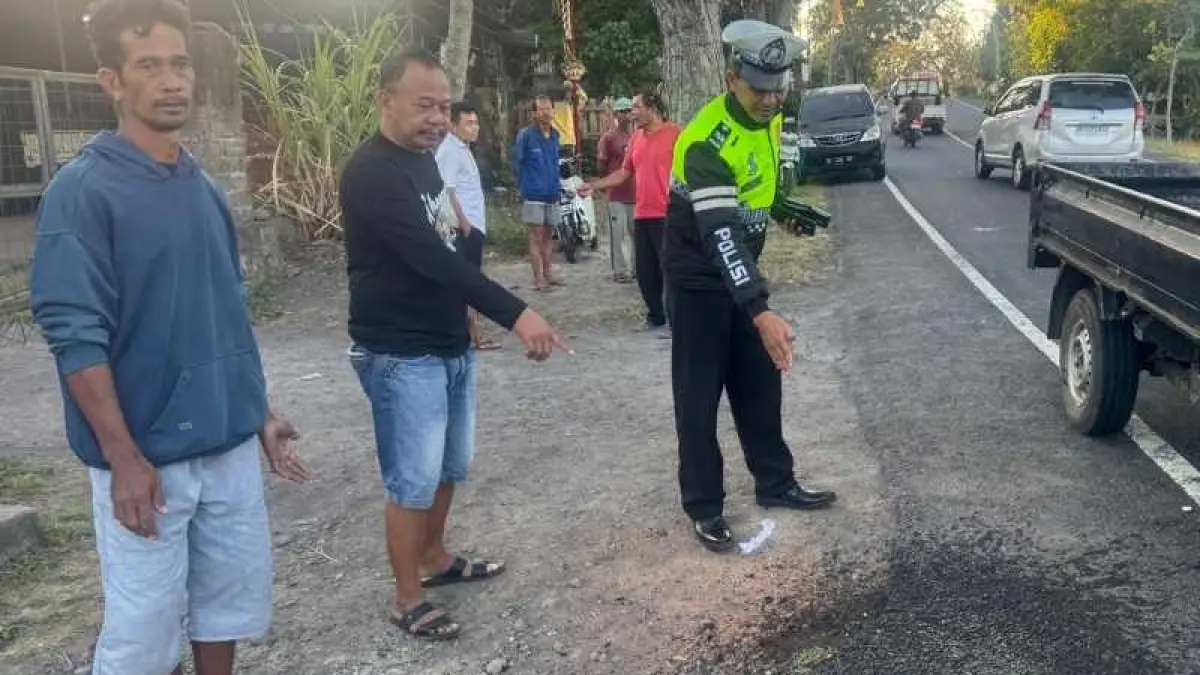 DI SINI KEJADIANNYA: Polisi melakukan olah tempat kejadian perkara (TKP) di lokasi tabrak lari. (foto:Polsek Mendoyo,Jembrana)