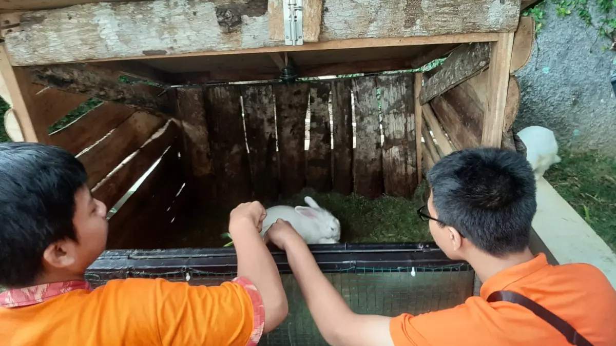 Anak-anak Panti Asuhan diberi kesempatan memmberi makana Kelinci dan Marmut di area kebun hotel Pullman Bali Legian Kuta, 3 Juli 2026.