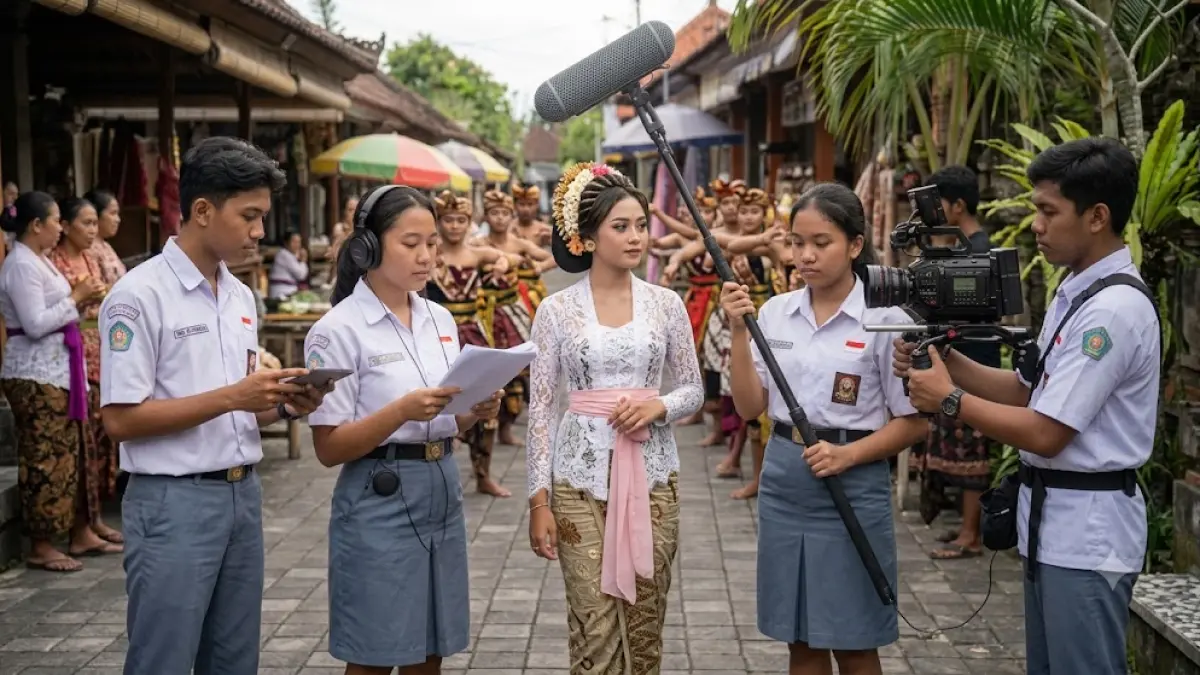 Ilustrasi - Siswa SMK jurusan penyutradaraan sinema sedang melakukan produksi multimedia di sebuah festival. 
