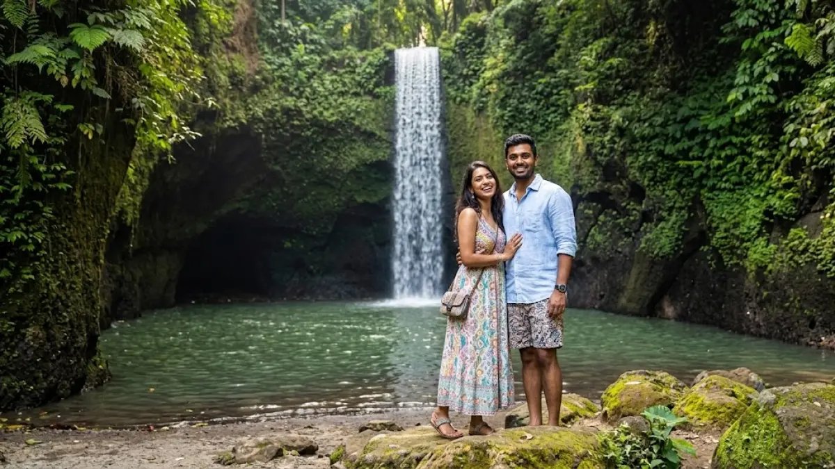 Ilustrasi - Dua turis India berpose di Air Terjun Tibumana, Bangli.