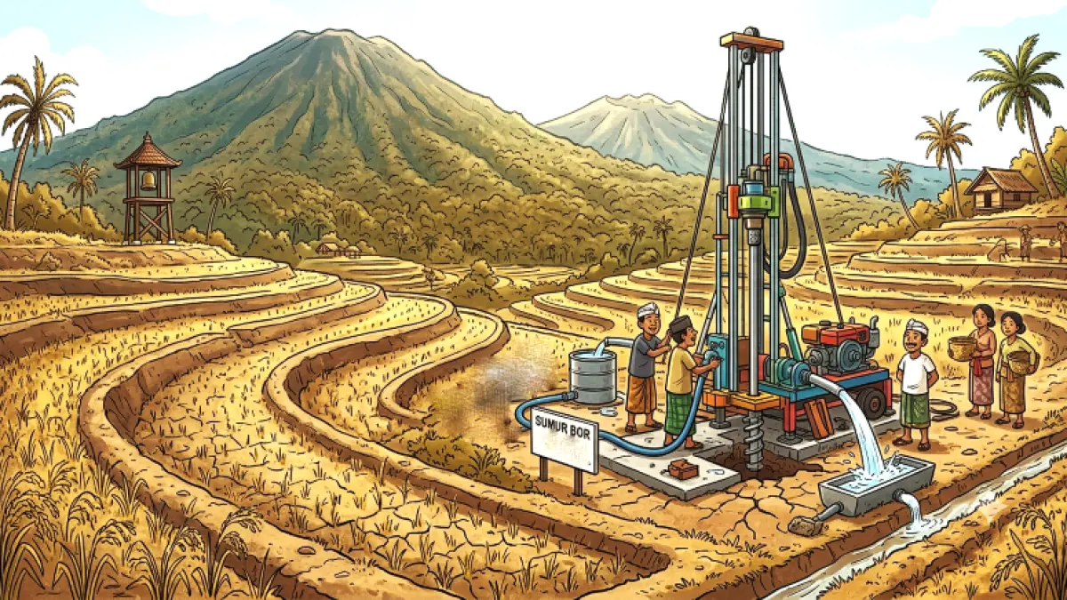Ilustrasi sumur bor untuk pengairan sawah di Jembrana. (gambar digital gemini/radar bali)