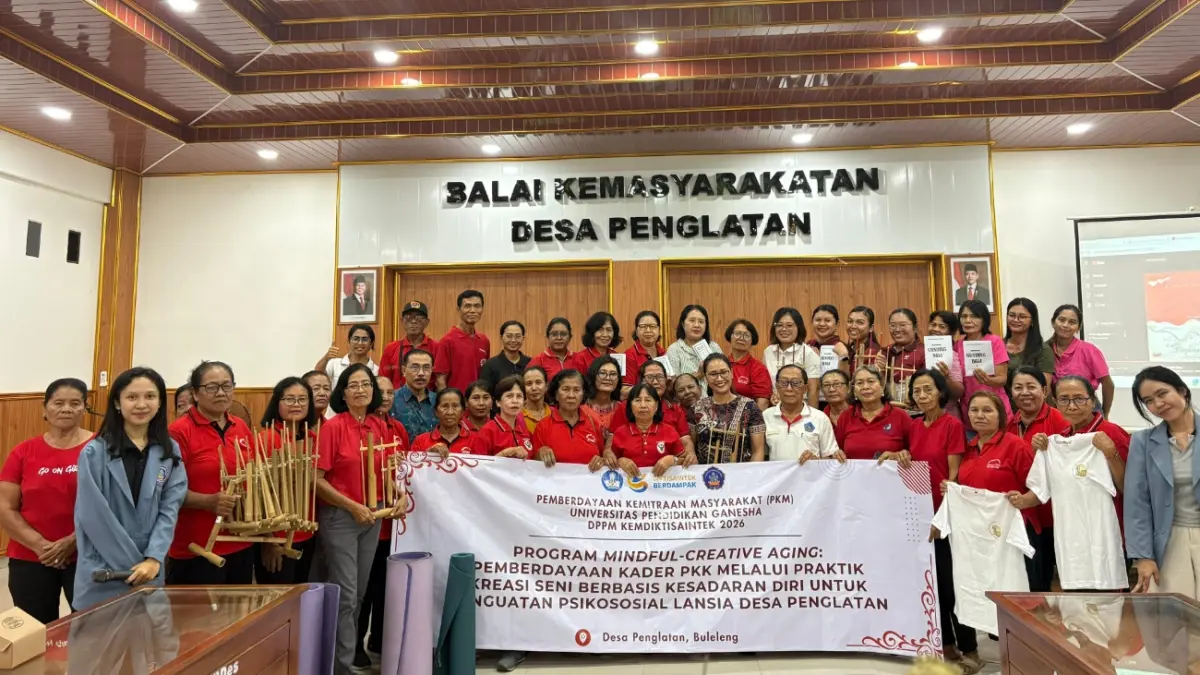 Program bertajuk Mindful Creative Aging: Pemberdayaan Kader PKK melalui Praktik Kreasi Seni Berbasis Kesadaran Diri untuk Penguatan Psikososial Lansia Desa Penglatan, 12 Juni 2026.