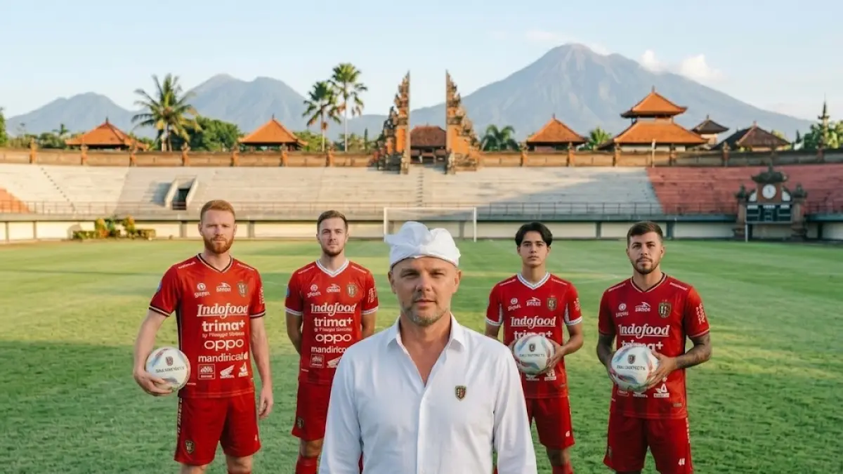 

Ilustrasi - Johnny Jansen bersama para pemain asing rekrutan baru Bali United untuk musim 2026 2027. (generated by AI)