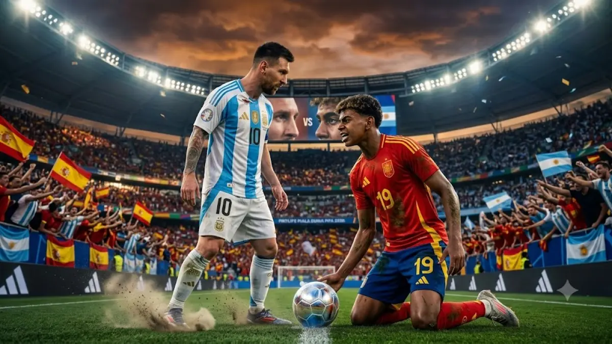 Ilustrasi - Lionel Messi dan Lamine Yamal bakal berhadapan di Final Piala Dunia 2026 (generated by AI)