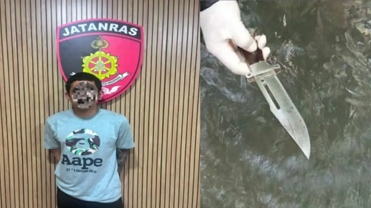 SEMBUNYI 14 HARI: Pelaku dan barang bukti pisau pembunuhan berencana terhadap Nyoman Cita di Klungkung. (kolase radarbali.id)