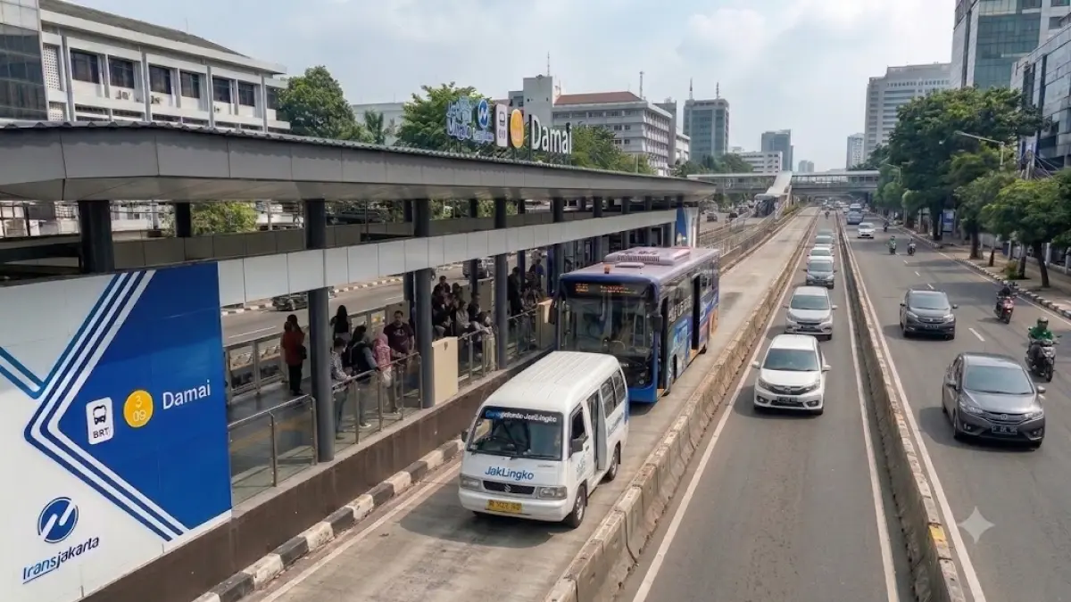 Ilustrasi - Feeder busway menurunkan penumpang yang akan berpindah ke busway Trans Jakarta di Halte Damai, Jakarta.  