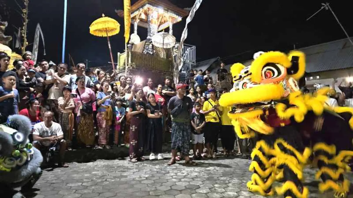 Ilustrasi pertunjukan barongsai saat acara piodalan di Pura Galiran, Buleleng. (Francelino Junior/Radar Bali)