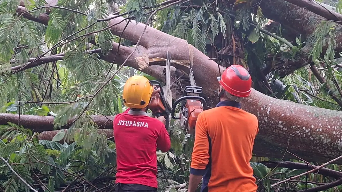 KERJA KERAS&nbsp; MEMBERSIHKAN &nbsp;: Petugas BPBD Karangasem saat melakukan penanganan bencana akibat hujan deras yang berlangsung sejak beberapa hari belakangan.&nbsp;(foto: BPBD Karangasem)