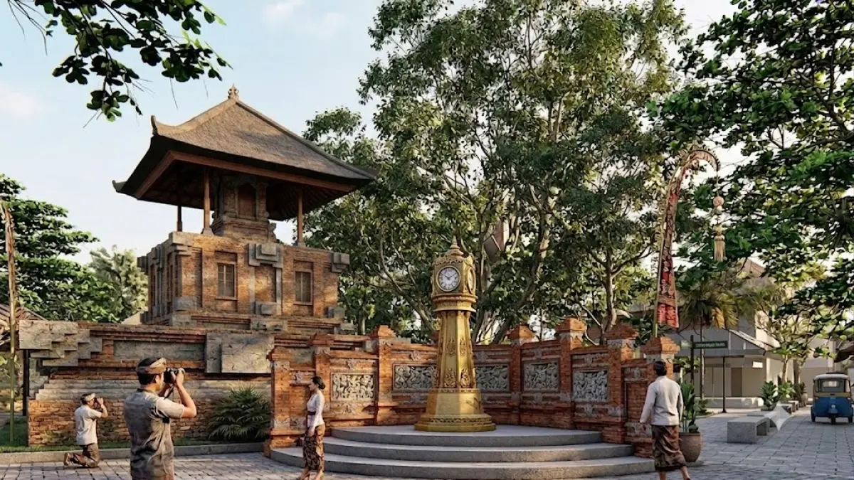 Gambar artis wajah baru Monumen Jam Belanda di area Patung Catur Muka Denpasar.   