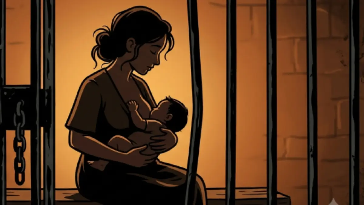 Ilustrasi seorang ibu warga binaan menyusui anaknya di dalam penjara. (gambar digital gemini/radar bali)