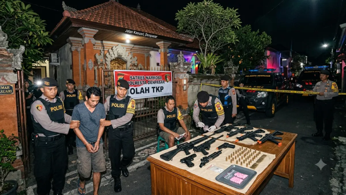 BERBAHAYA: Satres Narkoba Polresta Denpasar mengamankan seorang pria asal Kintamani yang diduga menyimpan lima pucuk senjata api ilegal, empat airsoft gun, puluhan butir amunisi, serta narkotika jenis ekstasi di sebuah rumah kawasan Jalan Kasuari, Denpasar Timur, Sabtu (1/8/2026).(Gemini AI/radarbali.id)