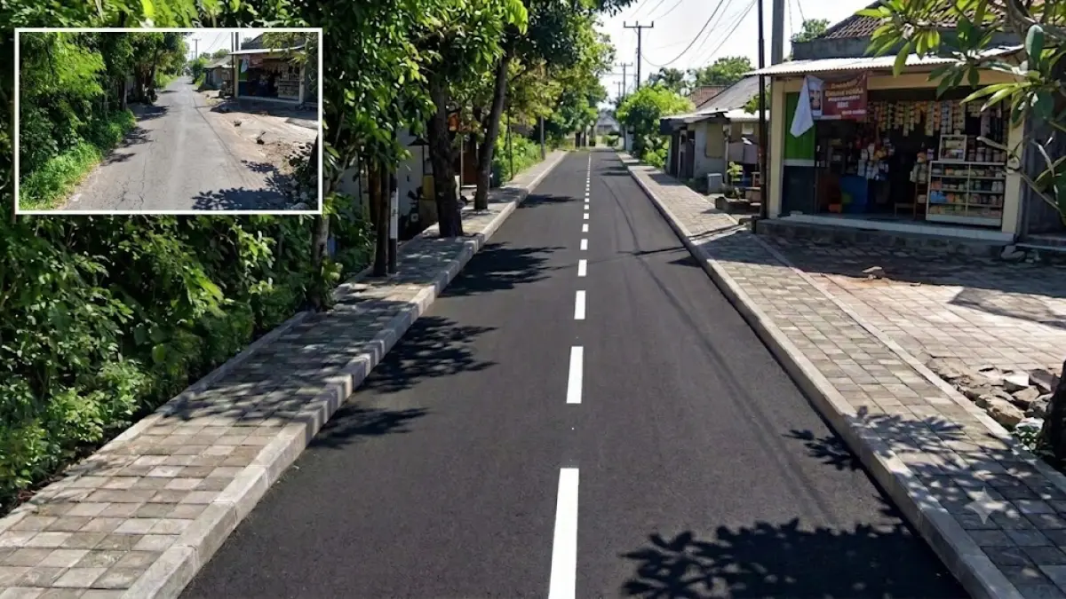 Gambar artis revitalisasi jalan dan trotoar di Jalan Suradipa, Denpasar Utara, tidak jauh dari SMA Dwijendra. Insert: kondisi eksisting 