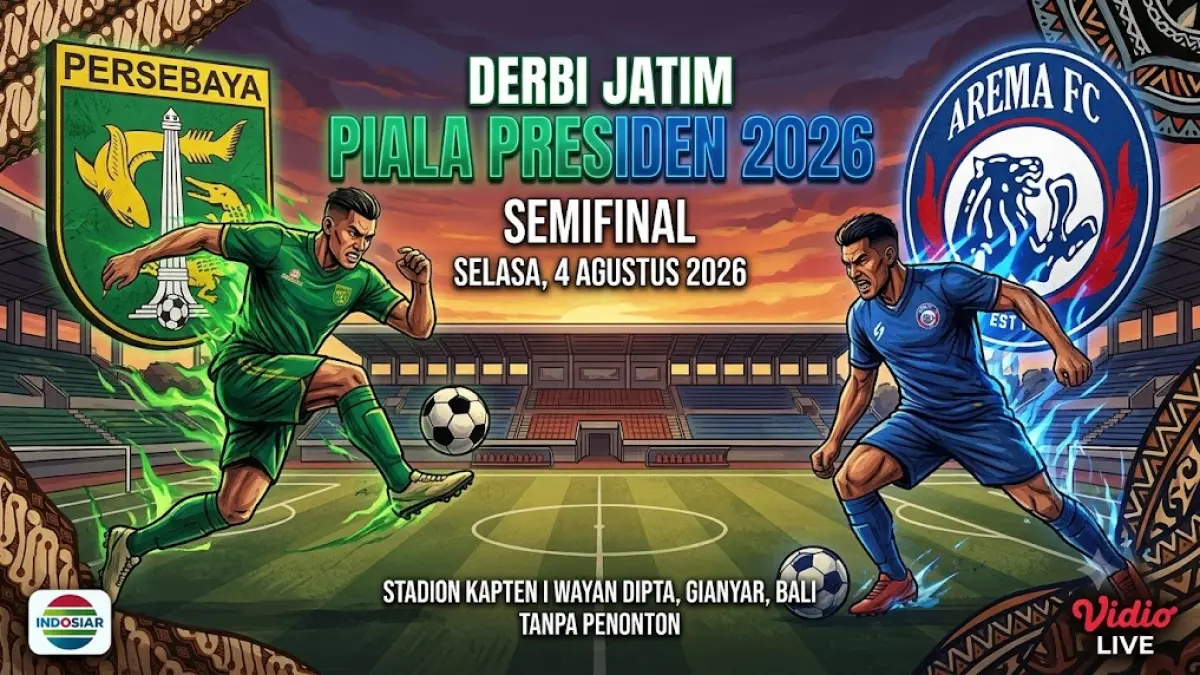 Poster semifinal Piala Presiden 2026 antara Persebaya vs Arema FC.