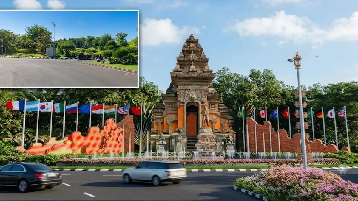 Gambar artis kori agung dan taman air mancur yang akan menghiasi Bundaran Ngurah Rai di pintu masuk dan keluar Bandara Ngurah Rai, Tuban, Kuta, Bali. Insert: kondisi Bundaran Ngurah Rai saat ini. 