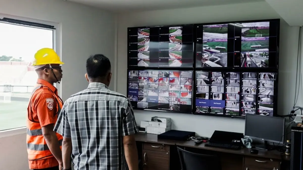 Personel Polda Bali mengamati situasi keamanan melalui CCTV Stadion Kapten I Wayan Dipta, Gianyar, Bali. (Foto: Bali United) 
