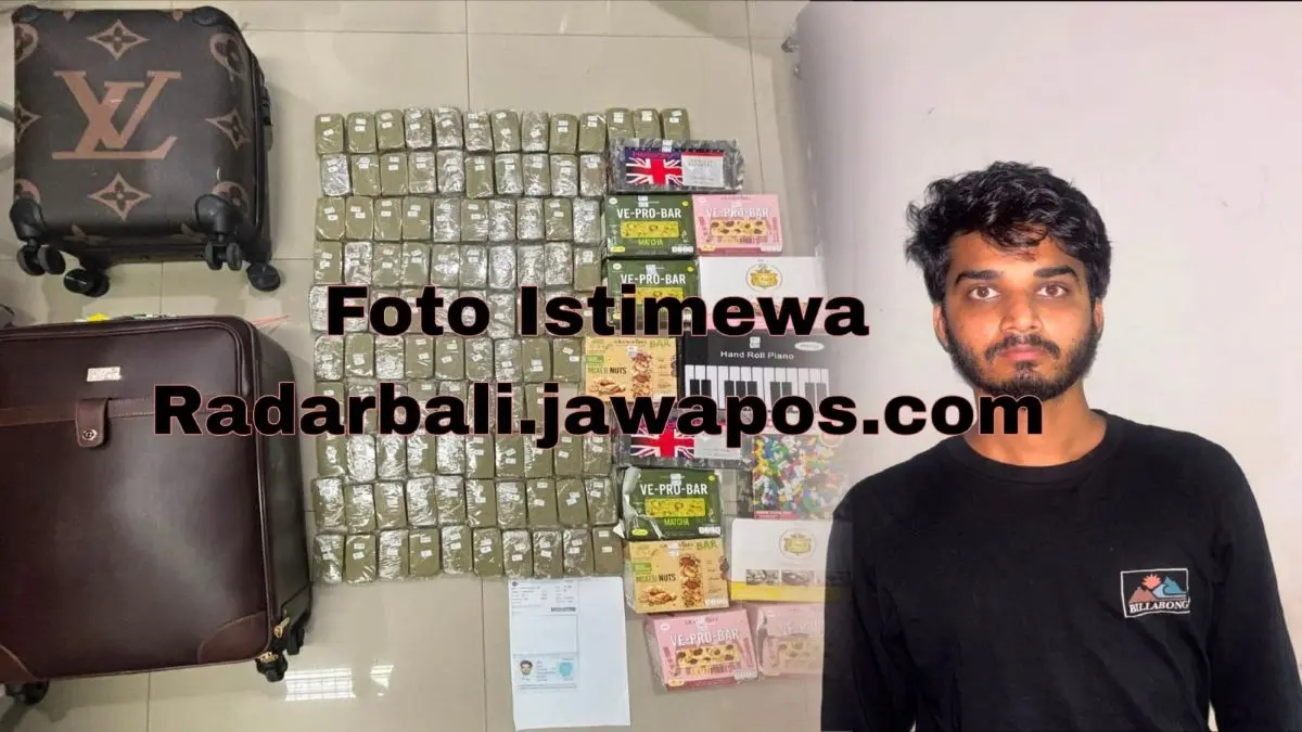 DICOKOK: Pria asal India berinisial Akshay Roshan, 28, diamankan setelah diduga membawa lebih dari 100 bungkus ganja yang disimpan di dalam dua koper saat tiba di Bali dari Singapura, Senin (3/8/2026) (ist/radarbali.id).