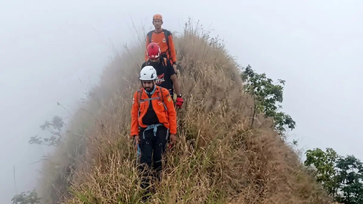 Tim SAR menelusuri punggungan naga Gunung Piramid Bondowoso dalam operasi SAR dua pendaki yang jatuh di jurang sedalam 470 meter. Kedua korban ditemukan meninggal pada Selasa (4/8) sore setelah mendaki sejak Minggu pagi (2/8). (Foto: Basarnas Jember)