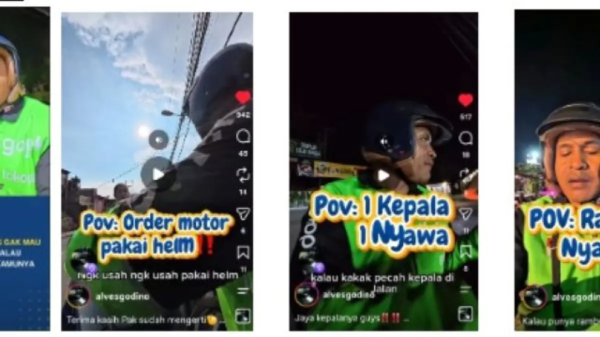 UTAMAKAN SELAMAT: Kolase foto ojol utamakan keselamatan berkendara di jalan dengan mewajibkan helm bagi penumpang. (IST/radarbali.id)