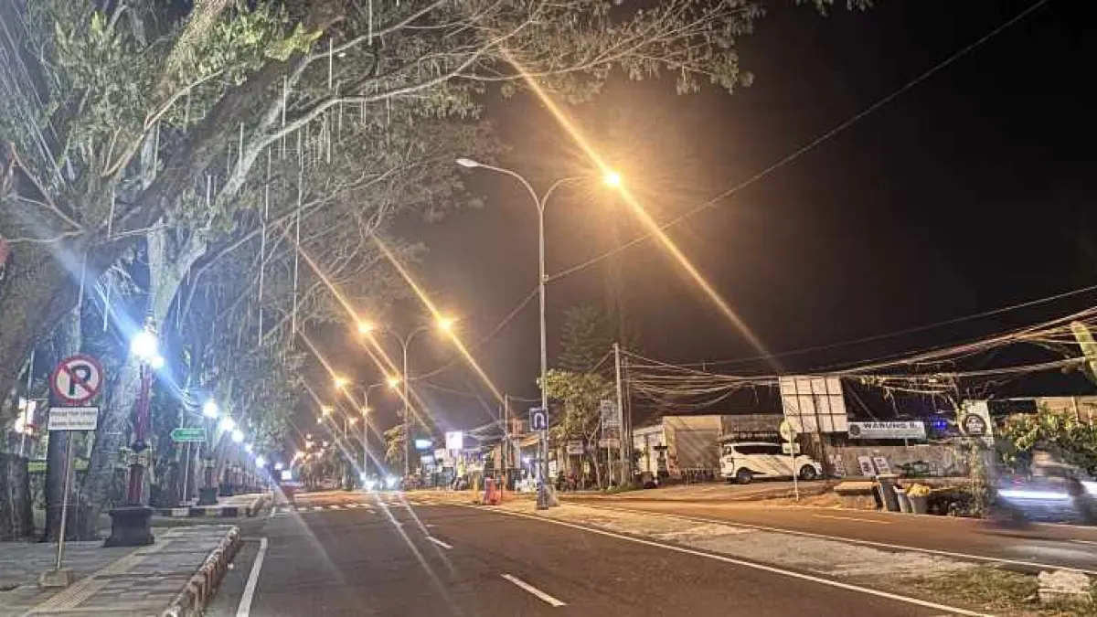 MALAH MATI : Berjuntai-juntai lampu hias pohon yang menggantung di sepanjang kawasan Jalan Veteran alias Jalur 11, Amlapura, Karangasem, ini sekarang mati. (Zulfika Rahman)