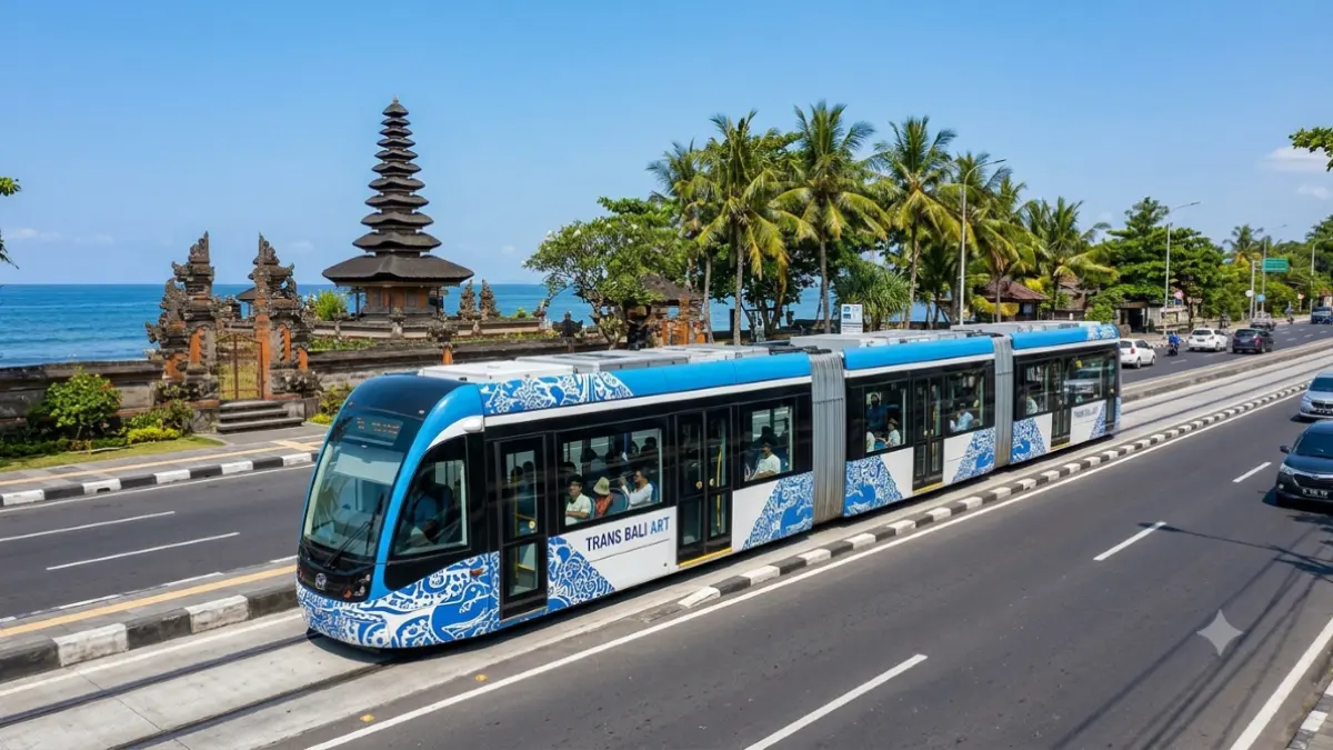 ART UNTUK BALI: Pembangunan moda transportasi umum itu telah digaungkan sejak dulu, namun realisasinya mandas. Jika sebelumnya direncanakan memanfaatkan ruang bawah tanah dengan sistem subway, kini Koster memilih sistem ART mulai 2027. (ilustrasi Gemini AI/radarbali.id)