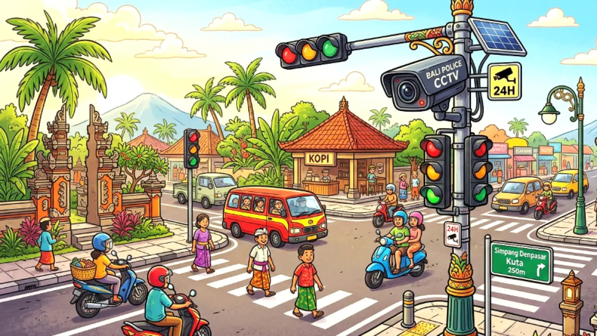 Ilustrasi CCTV di perempatan jalan raya. (gambar digital gemini/radar bali)