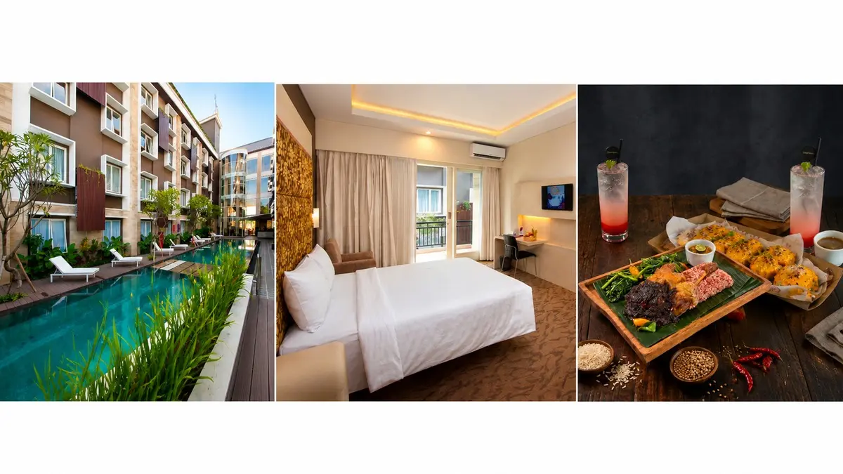 Area kolam renang Quest Hotel San Denpasar, kamar tidur hotel, serta sajian Bebek Bumbu Hitam & Siomay Mentai Promo Merdeka 
