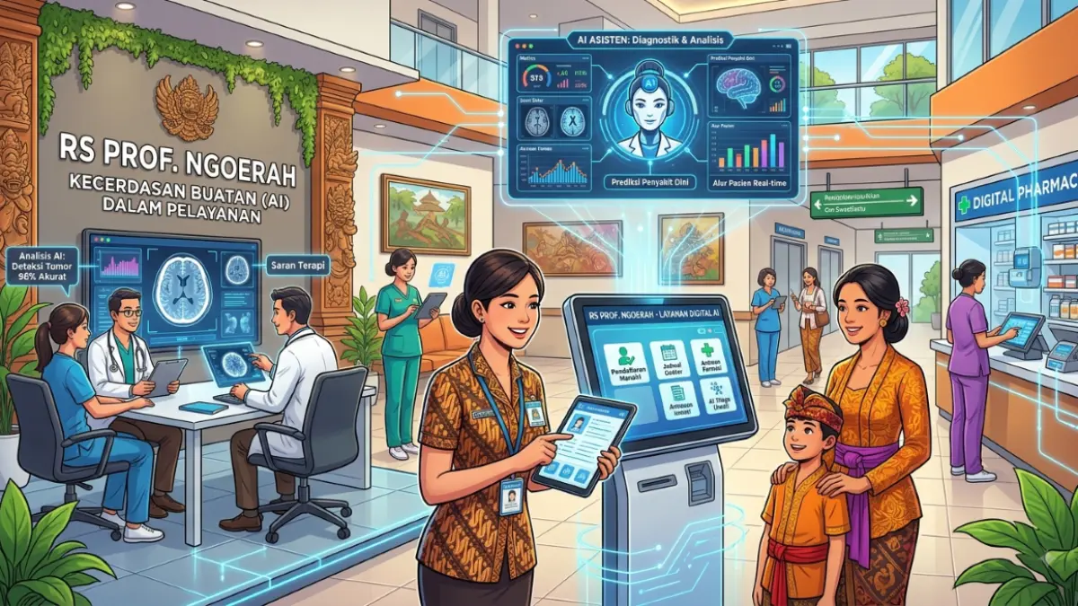Ilustrasi pelayanan di RS Prof. Ngoerah Denpasar yang sudah digitalisasi dan memanfaatkan kecerdasan buatan. (Gemini AI/radarbali.id)
