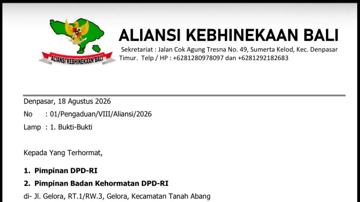BERMUATAN SARA: Scan surat Aliansi Kebhinekaan Bali yang turut mengadukan Arya Wedakarna ke BK DPD RI. (IST/radarbali.id)