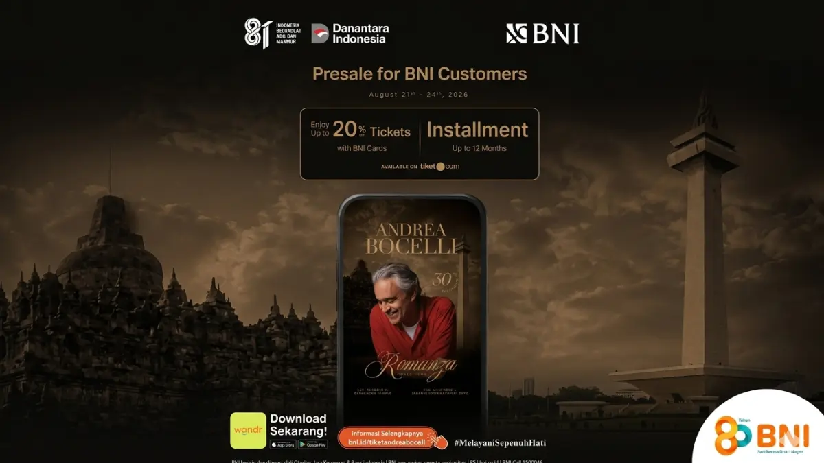 BNI hadirkan Presale tiket Andrea Bocelli “Romanza - 30th Anniversary World Tour”.