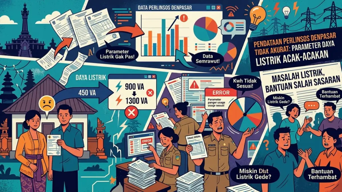 Ilustrasi pendataan parameter l;istrik untuk warga penerima Perlinsos di Denpasar yang diduga tak akurat. (Gemini AI/radarbali.id)