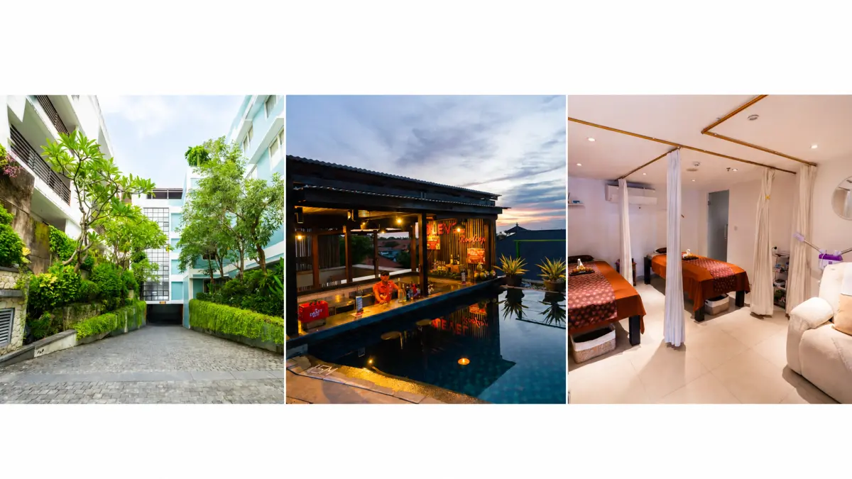 Kiri ke Kanan: Exterior fave hotel Kartika Plaza, Rooftop, Herbal Spa
