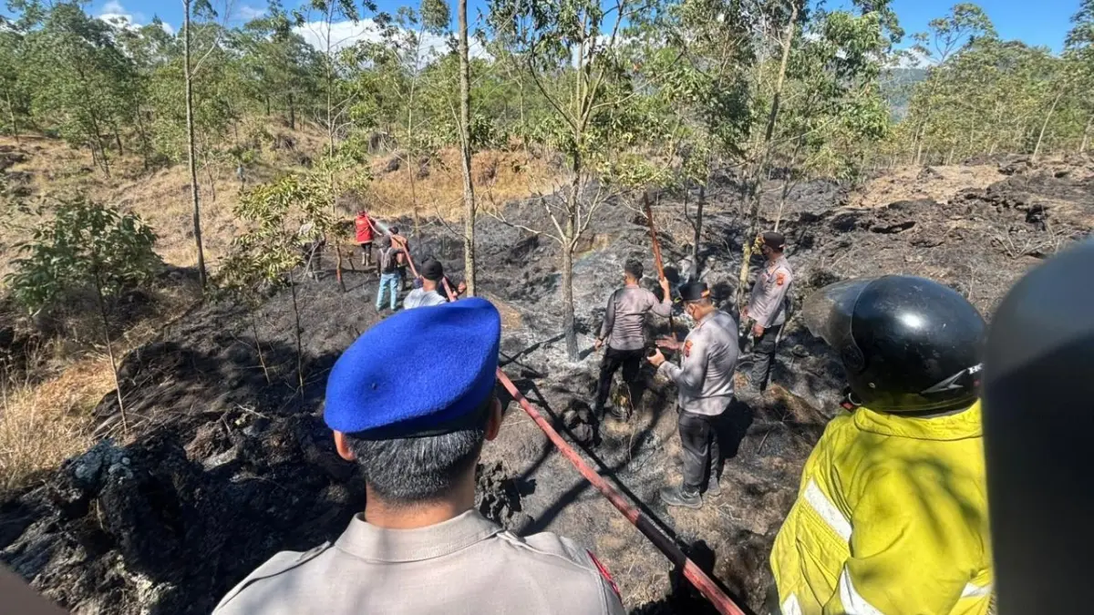 RAWAN KEBAKARAN : Penanganan kebakaran di TWA diduga akibat adanya warga yang membuang puntung rokok beberapa waktu lalu.(foto:Polres Bangli)

